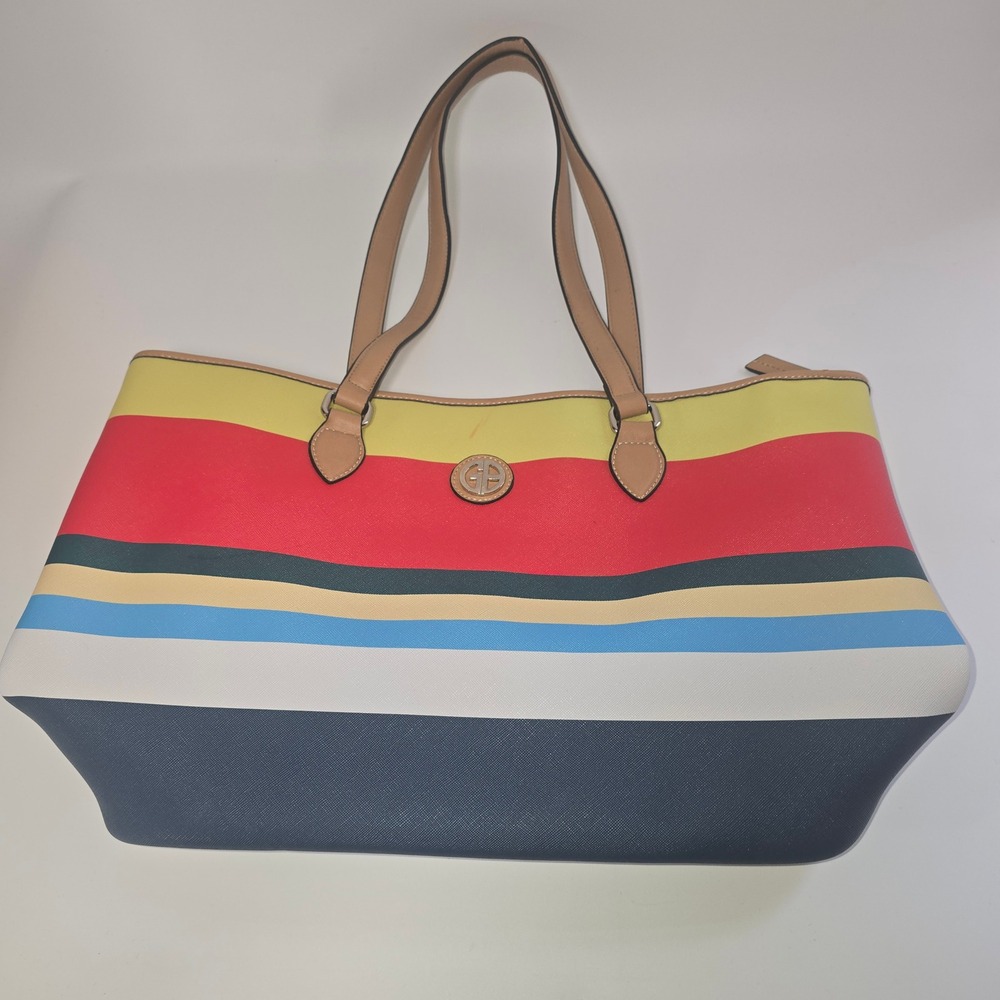 Giani Bernini Multi Color Striped Saffiano Faux Leather Tote Bag Shoulder Purse